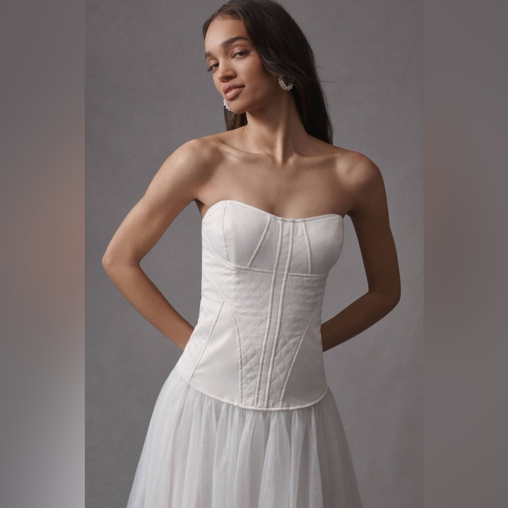 Anthropologie BHLDN Strapless A-Line Satin Tulle-Skirt Midi Dress Size Small NEW - Picture 3 of 13